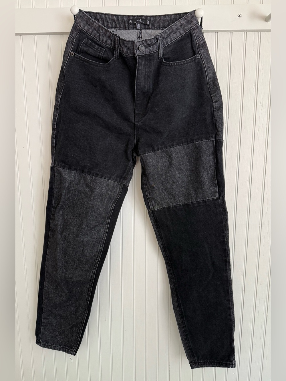 Missguided Riot High Rise Mom Patchwork Jeans Black Gray Y2K Grunge US 4
